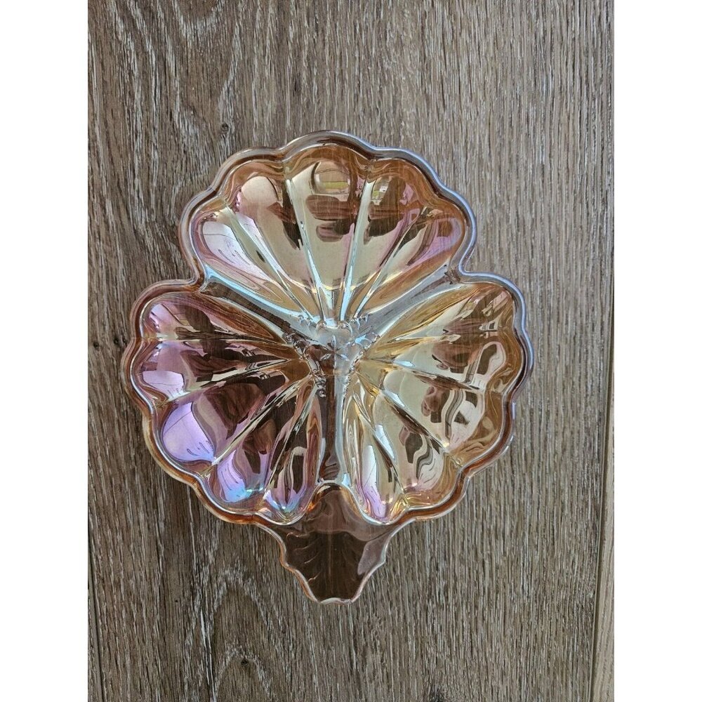 Vintage Jeannette Carnival Glass Marigold Clover Leaf Candy Dish Triple Divide